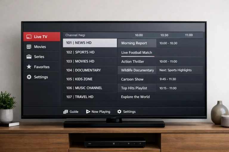 Alt Interface Smart IPTV sur Android TV avec catégories et guide TV